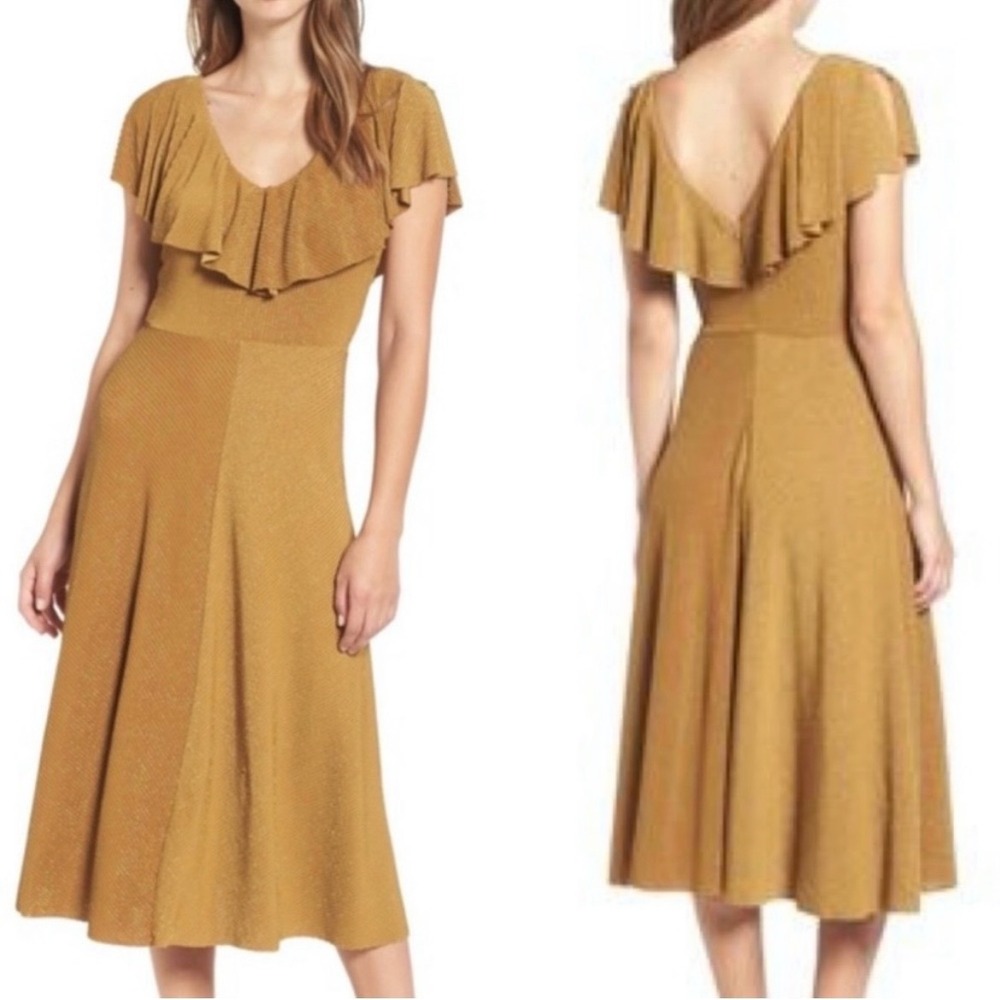 June & Hudson Mustard Gold Lurex Ruffle V-Neck Midi Dress Size M